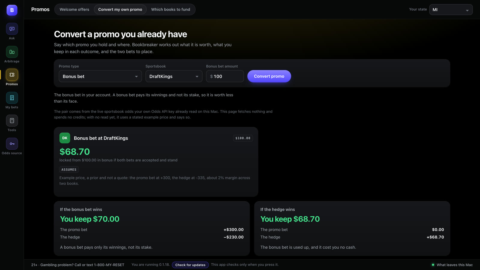 The Convert my own promo page pricing a bonus bet at DraftKings